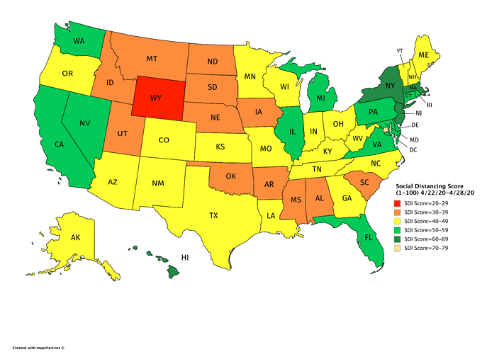 Social Distancing Score (1-100) 4_22_20-4_28_20 new new