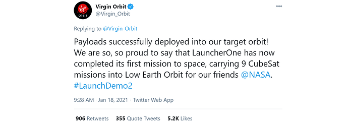 Tweet about Virgin achieving orbit