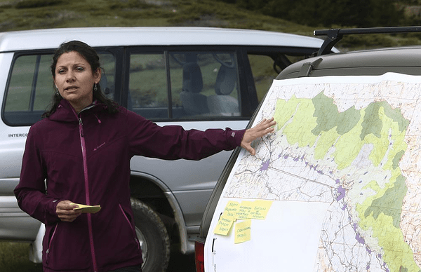 woman pointing at maps