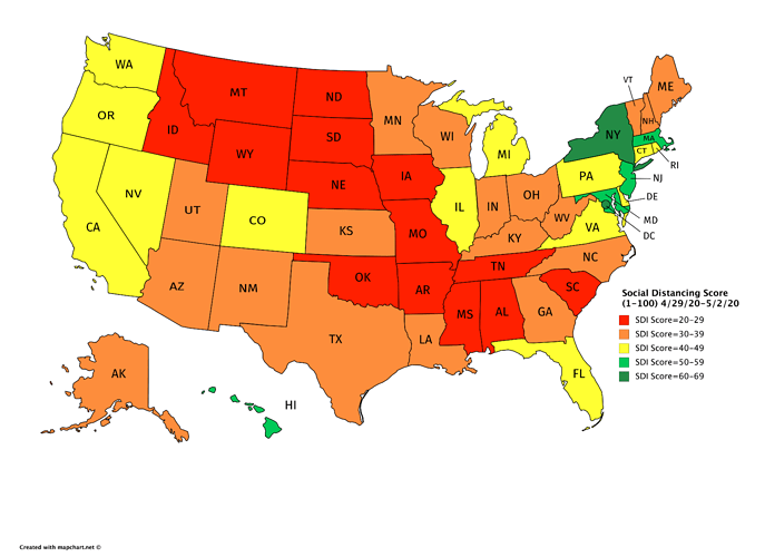 Social Distancing Score (1-100) 4_29_20-5_2_20 new