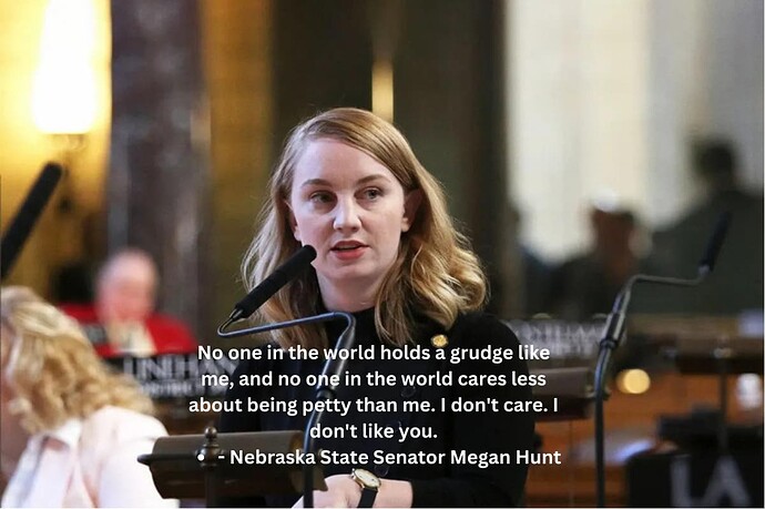 No one in the world holds a grudge like me, and no one in the world cares less about being petty than me. I don't care. I don't like you. - Nebraska State Senator Megan Hunt