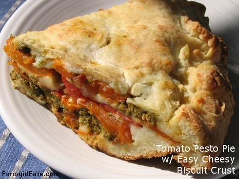 Savory tomato, mozzarella, and basil pesto pie with an easy cheesy biscuit crust - FarmgirlFare.com